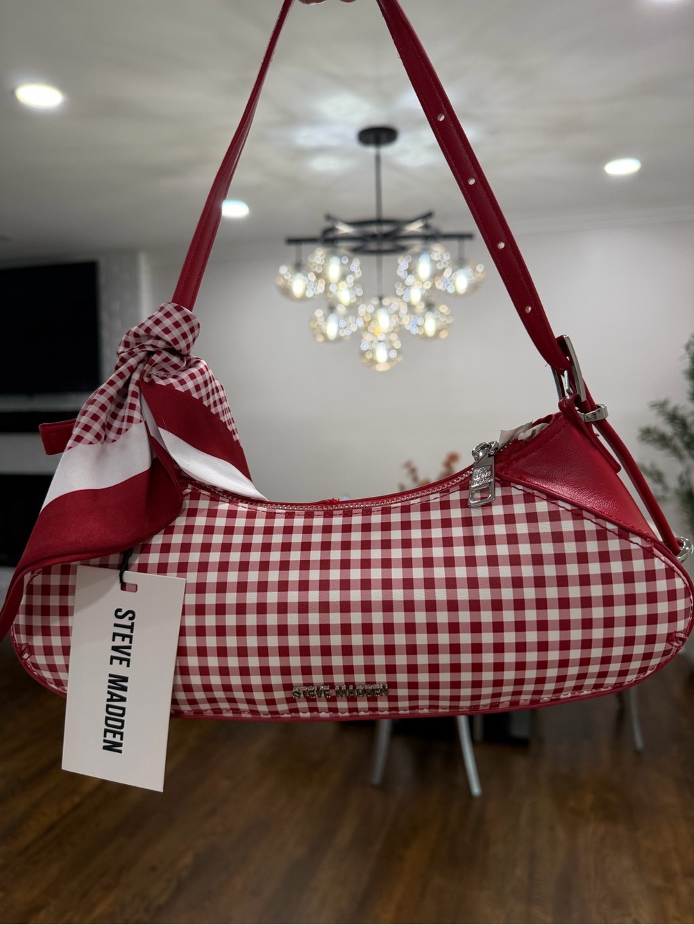 Steve Madden Red and White Gingham Shoulder Bag with Scarf Accent - Picture 9 of 9